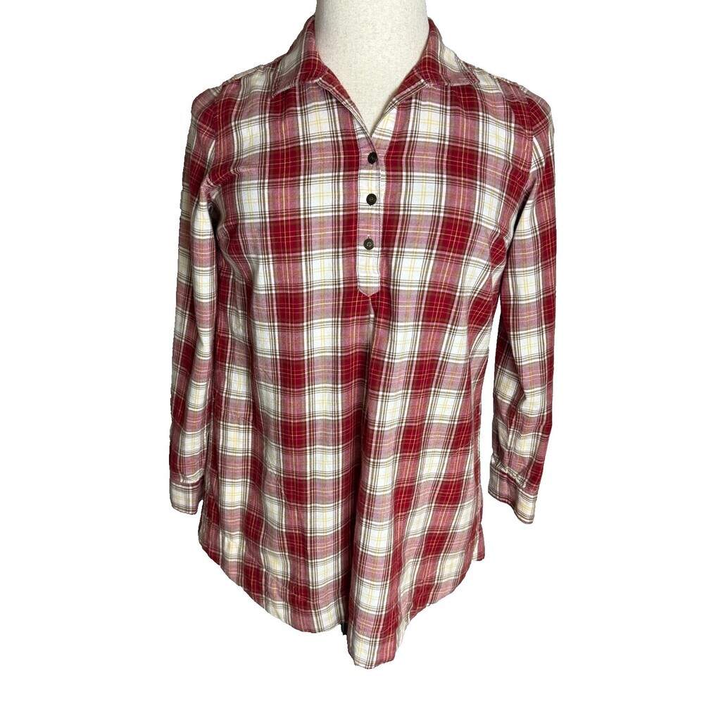 J. Jill Uncommon Threads Red Plaid Popover Tunic, Size S, POCKETS Long Sleeves